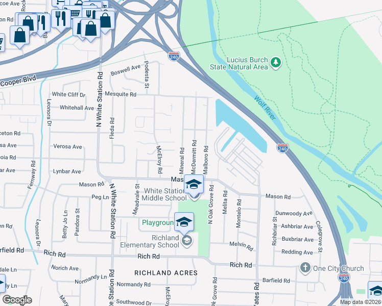 map of restaurants, bars, coffee shops, grocery stores, and more near 398 McDermitt Road in Memphis