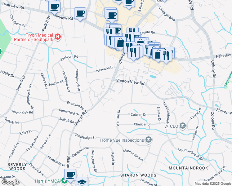 map of restaurants, bars, coffee shops, grocery stores, and more near 5141 Sharon Road in Charlotte