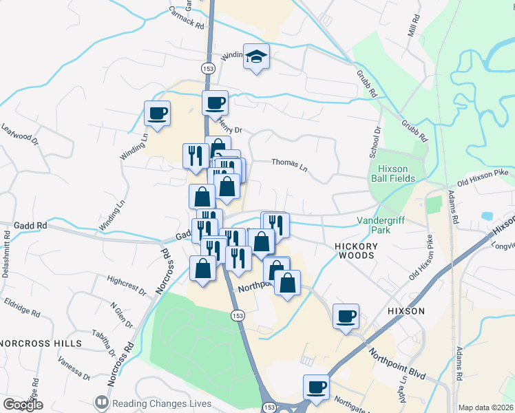 map of restaurants, bars, coffee shops, grocery stores, and more near 1210 Gadd Road in Chattanooga