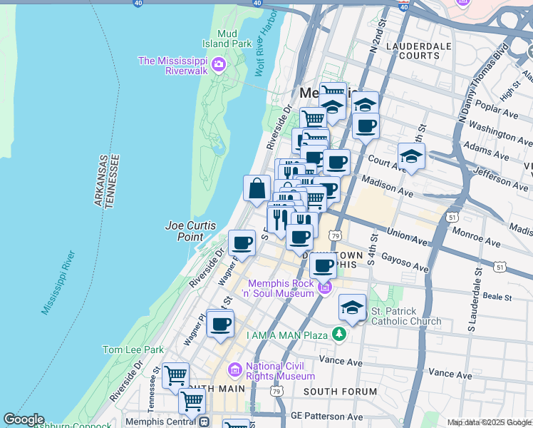 map of restaurants, bars, coffee shops, grocery stores, and more near in Memphis