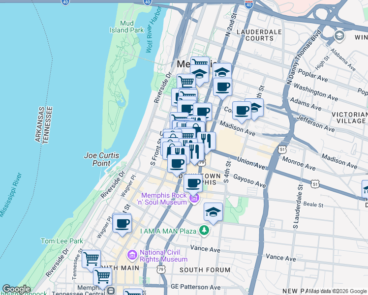 map of restaurants, bars, coffee shops, grocery stores, and more near 149 U.S. 79 in Memphis