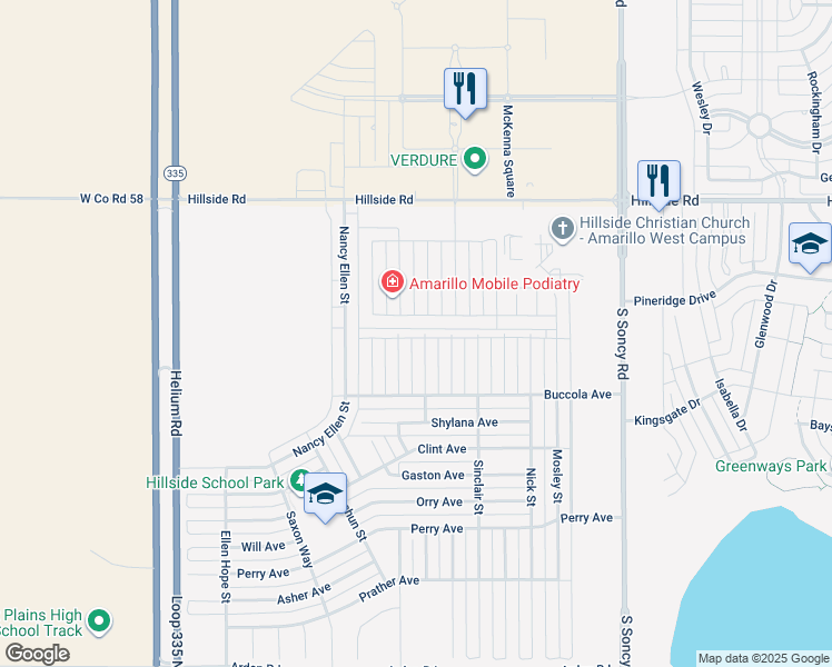 map of restaurants, bars, coffee shops, grocery stores, and more near 6400 Dominion Street in Amarillo