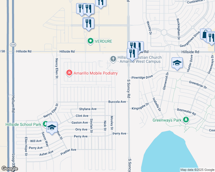 map of restaurants, bars, coffee shops, grocery stores, and more near 6401 Nick Street in Amarillo