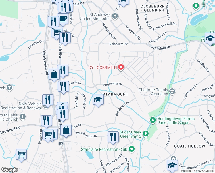 map of restaurants, bars, coffee shops, grocery stores, and more near 1711 Brookdale Avenue in Charlotte