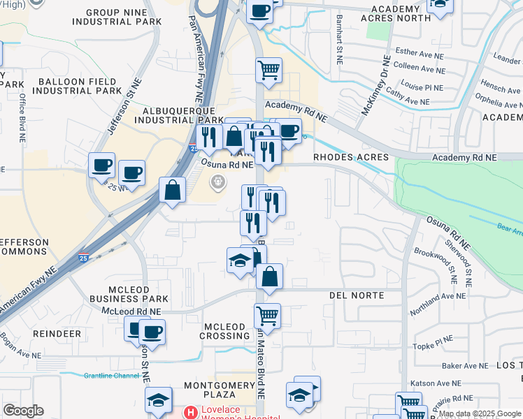 map of restaurants, bars, coffee shops, grocery stores, and more near 5600 San Mateo Boulevard Northeast in Albuquerque
