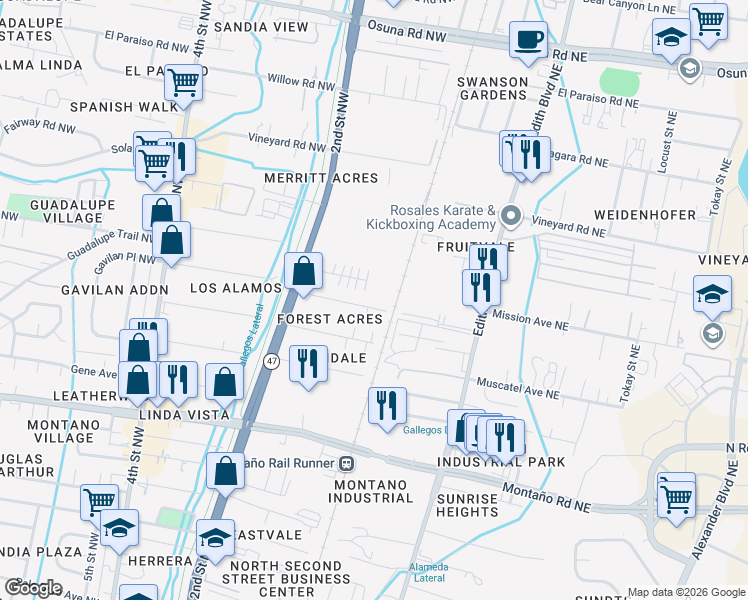 map of restaurants, bars, coffee shops, grocery stores, and more near 5908 Lora Court Northwest in Albuquerque