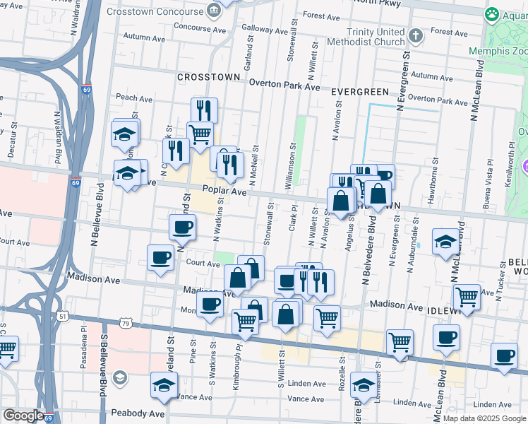 map of restaurants, bars, coffee shops, grocery stores, and more near 157 Stonewall Street in Memphis