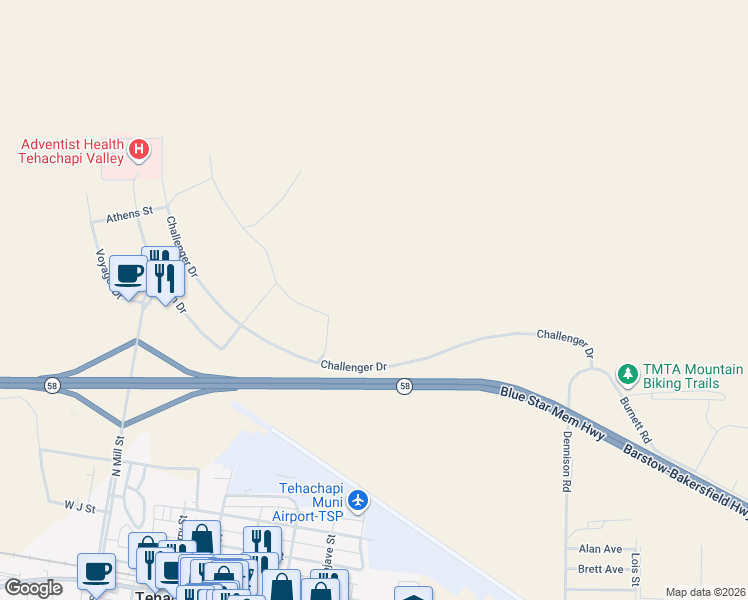 map of restaurants, bars, coffee shops, grocery stores, and more near Challenger Drive in Tehachapi
