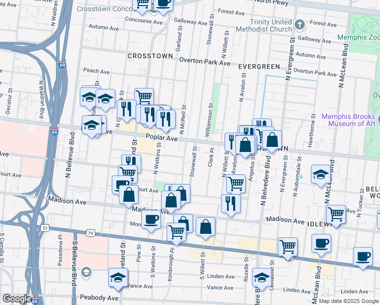 map of restaurants, bars, coffee shops, grocery stores, and more near 157 Stonewall Street in Memphis