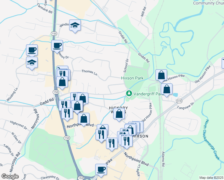 map of restaurants, bars, coffee shops, grocery stores, and more near 1312 Lynnhaven Circle in Chattanooga