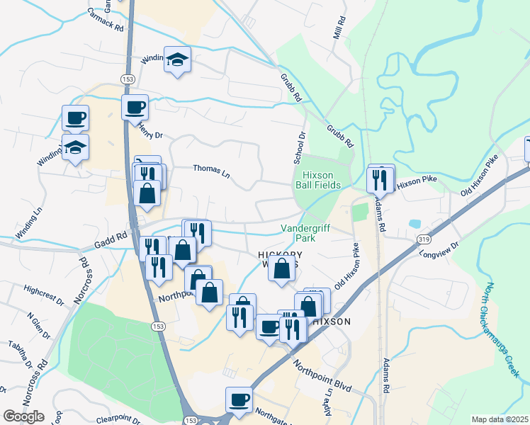 map of restaurants, bars, coffee shops, grocery stores, and more near 1312 Lynnhaven Circle in Chattanooga