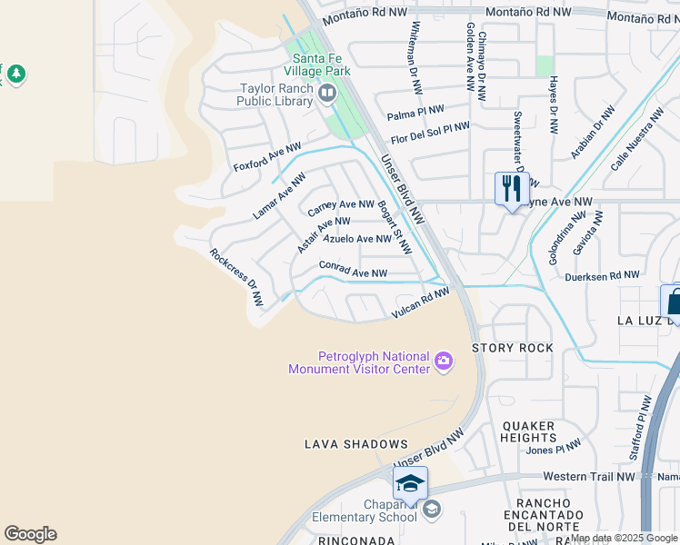 map of restaurants, bars, coffee shops, grocery stores, and more near 6549 Cliffrose Road Northwest in Albuquerque