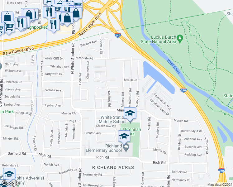 map of restaurants, bars, coffee shops, grocery stores, and more near 5389 McKyle Cove in Memphis
