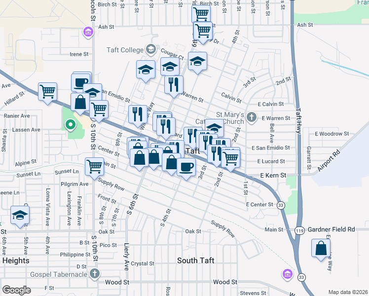 map of restaurants, bars, coffee shops, grocery stores, and more near 412 Kern Street in Taft