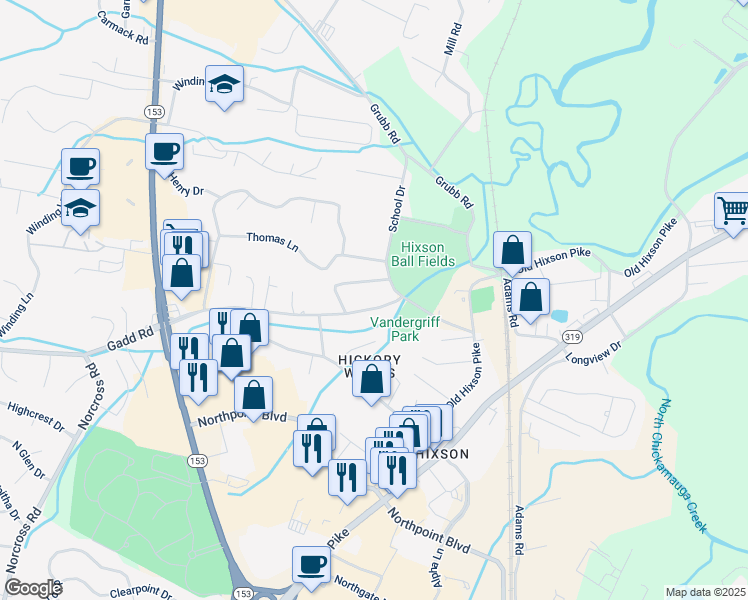 map of restaurants, bars, coffee shops, grocery stores, and more near 1314 Gadd Road in Chattanooga