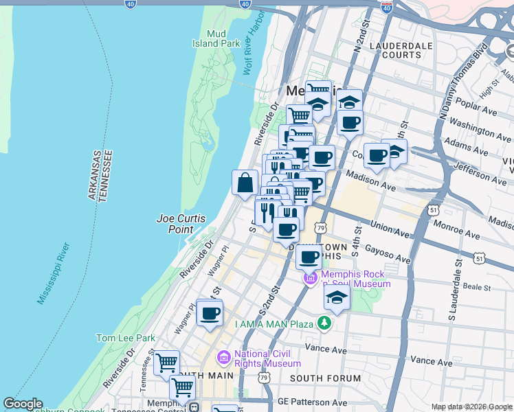 map of restaurants, bars, coffee shops, grocery stores, and more near in Memphis