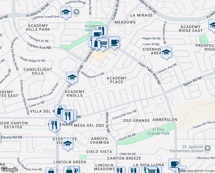 map of restaurants, bars, coffee shops, grocery stores, and more near 5412 Rawlings Road Northeast in Albuquerque