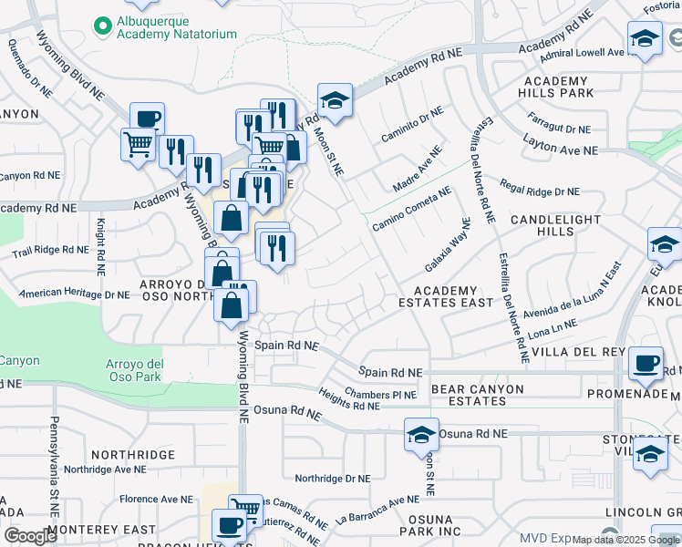map of restaurants, bars, coffee shops, grocery stores, and more near 8628 New Hampton Road Northeast in Albuquerque