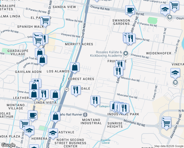 map of restaurants, bars, coffee shops, grocery stores, and more near 5908 Lora Court Northwest in Albuquerque