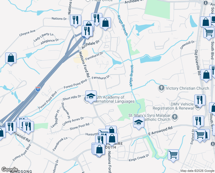 map of restaurants, bars, coffee shops, grocery stores, and more near 300 Fairgreen Drive in Charlotte