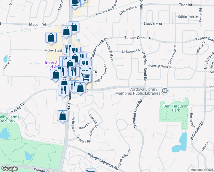 map of restaurants, bars, coffee shops, grocery stores, and more near 594 Arbor Hollow Circle in Memphis