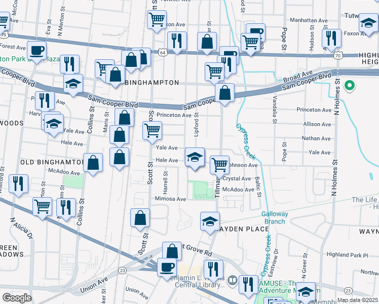map of restaurants, bars, coffee shops, grocery stores, and more near 2909 Hale Avenue in Memphis