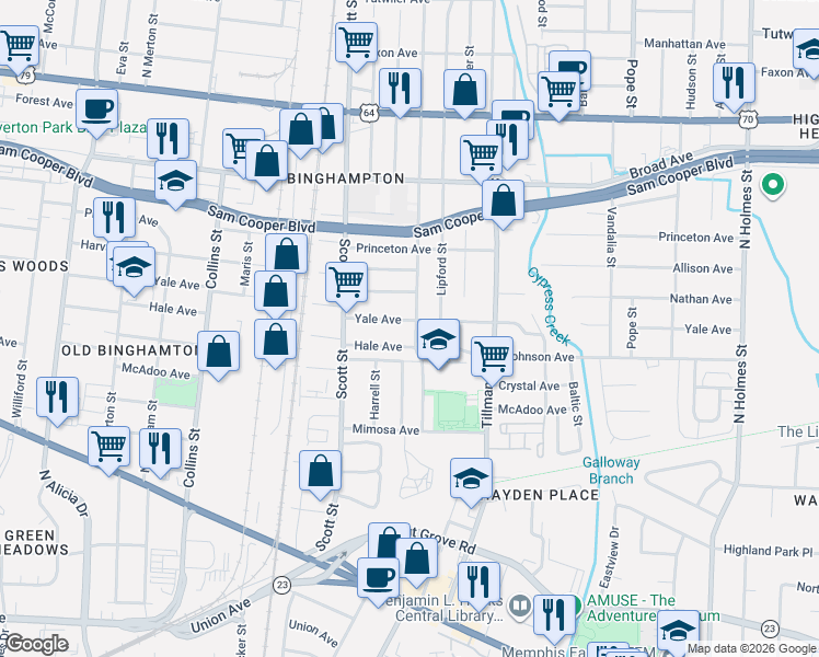 map of restaurants, bars, coffee shops, grocery stores, and more near 2909 Hale Avenue in Memphis