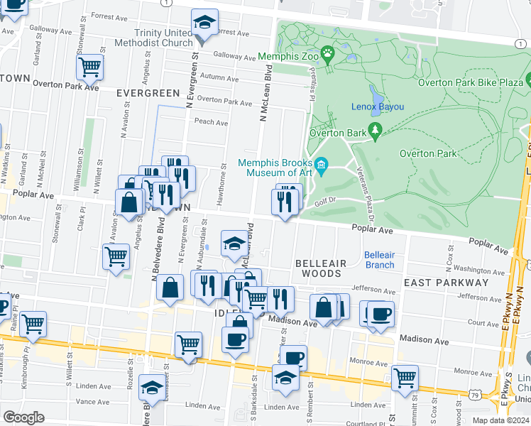 map of restaurants, bars, coffee shops, grocery stores, and more near in Memphis