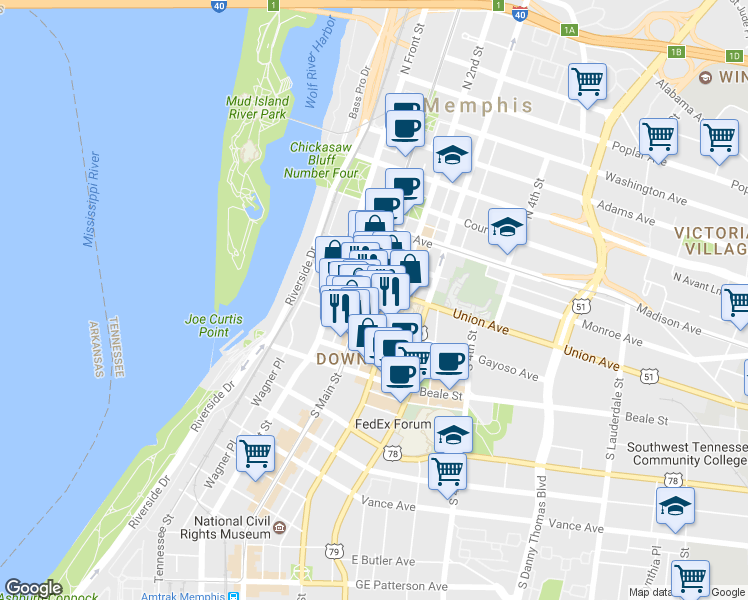 map of restaurants, bars, coffee shops, grocery stores, and more near 100 South Main Street in Memphis
