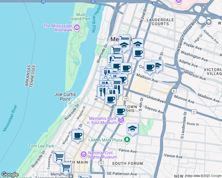 map of restaurants, bars, coffee shops, grocery stores, and more near 100 South Main Street in Memphis