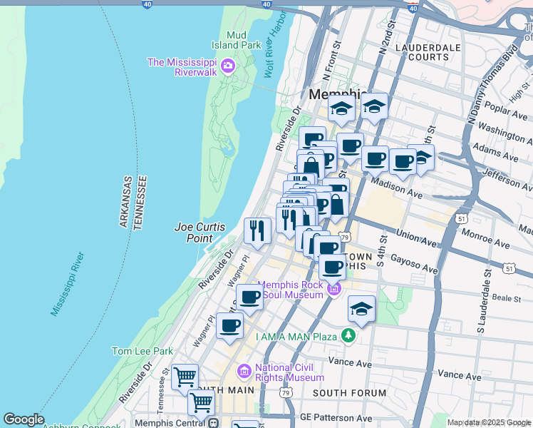 map of restaurants, bars, coffee shops, grocery stores, and more near in Memphis