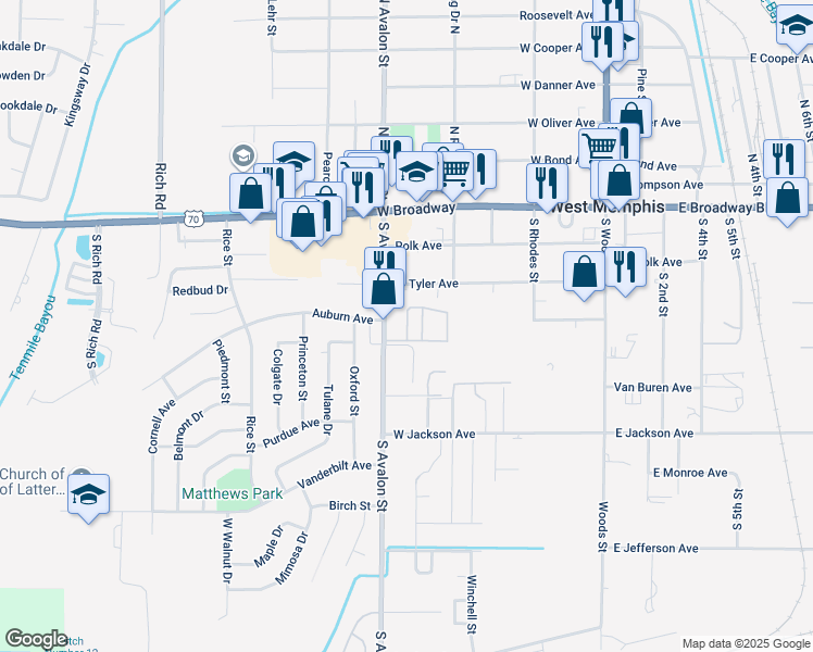 map of restaurants, bars, coffee shops, grocery stores, and more near 396 Cypress Point in West Memphis