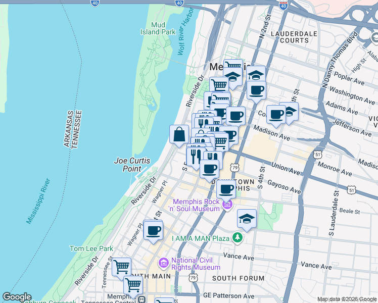 map of restaurants, bars, coffee shops, grocery stores, and more near in Memphis