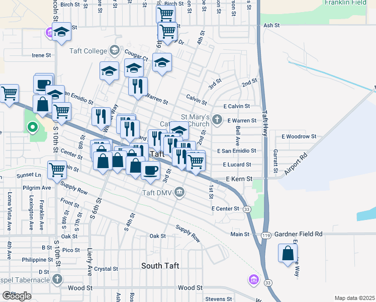 map of restaurants, bars, coffee shops, grocery stores, and more near 212 Lucard Street in Taft