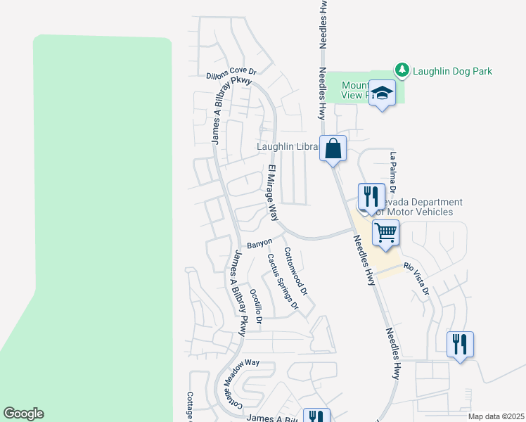 map of restaurants, bars, coffee shops, grocery stores, and more near 2173 Aspen Mirror Way in Laughlin