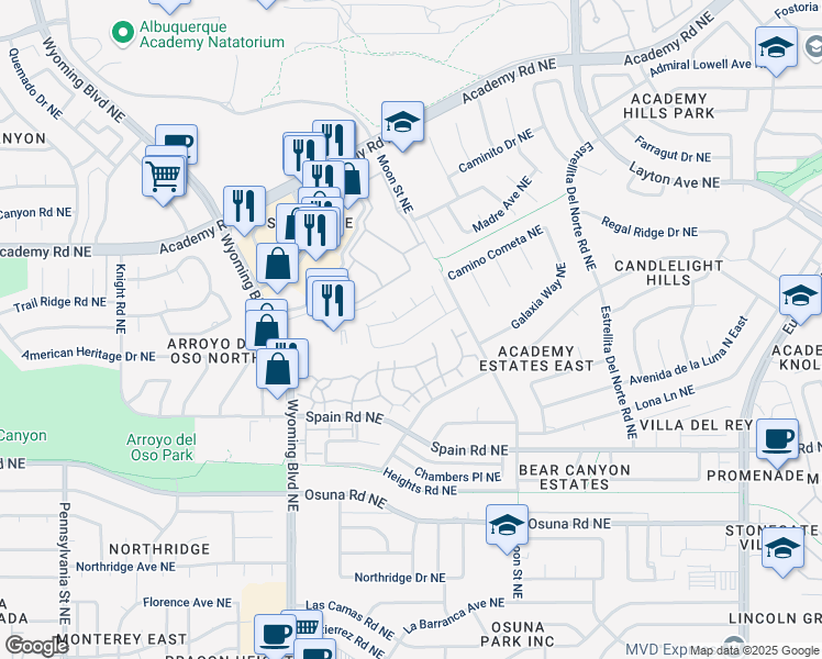 map of restaurants, bars, coffee shops, grocery stores, and more near 8628 New Hampton Road Northeast in Albuquerque