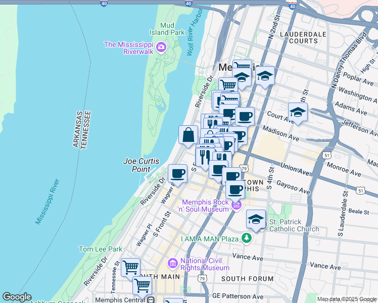 map of restaurants, bars, coffee shops, grocery stores, and more near 50 Gayoso Avenue in Memphis