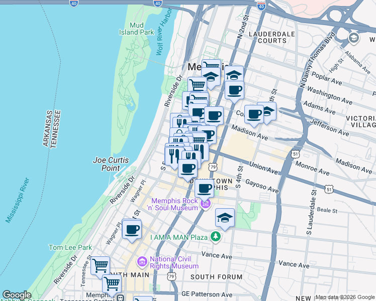 map of restaurants, bars, coffee shops, grocery stores, and more near 100 South Main Street in Memphis