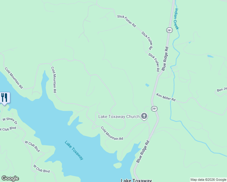 map of restaurants, bars, coffee shops, grocery stores, and more near 38 Hawk Mountain Road in Lake Toxaway