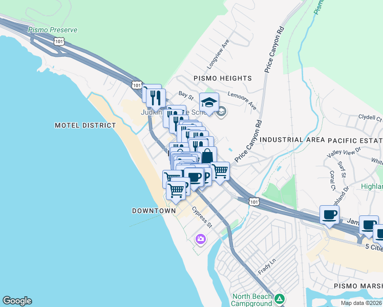 map of restaurants, bars, coffee shops, grocery stores, and more near in San Luis Obispo County