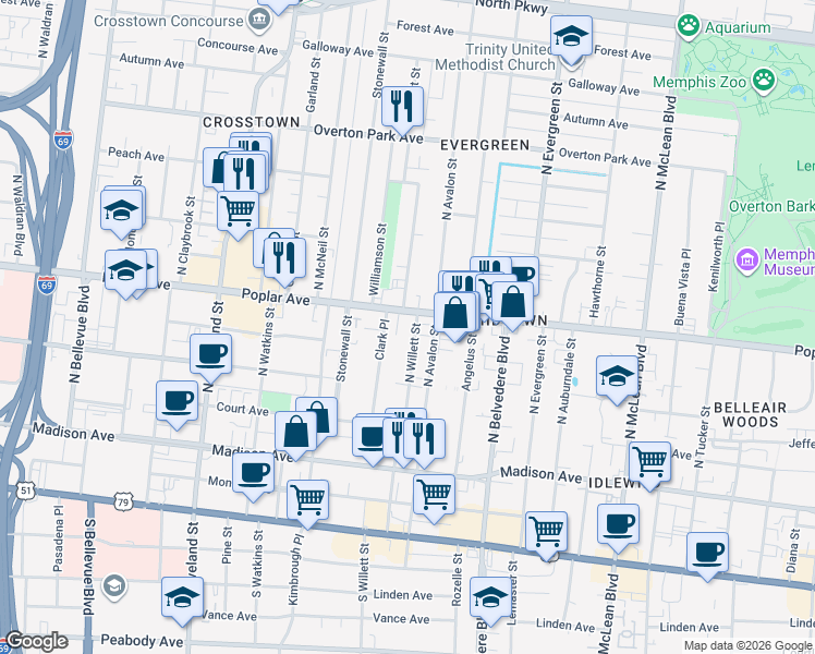 map of restaurants, bars, coffee shops, grocery stores, and more near 167 North Willett Street in Memphis