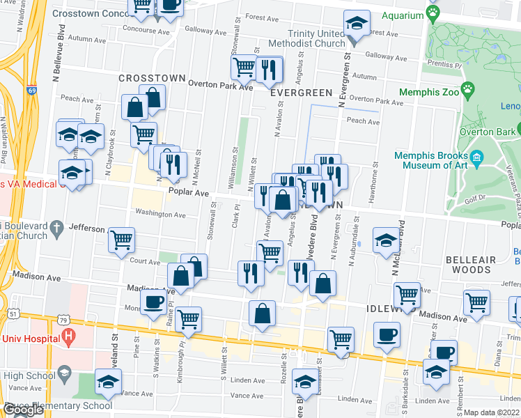 map of restaurants, bars, coffee shops, grocery stores, and more near 174 North Willett Street in Memphis