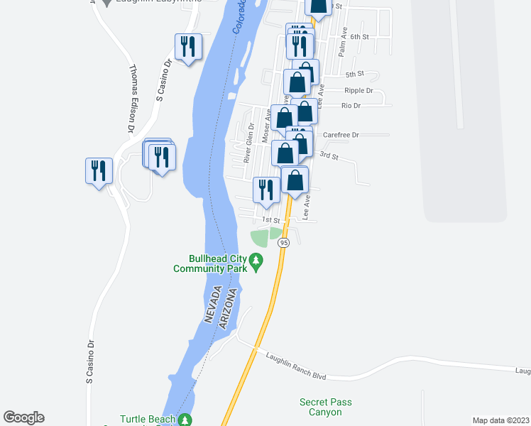 map of restaurants, bars, coffee shops, grocery stores, and more near 466 Long Avenue in Bullhead City
