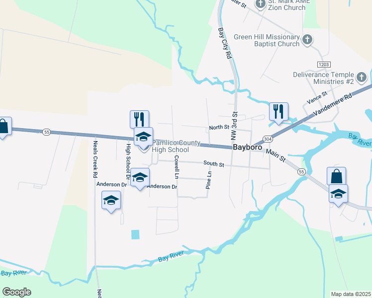 map of restaurants, bars, coffee shops, grocery stores, and more near 413 Main Street in Bayboro