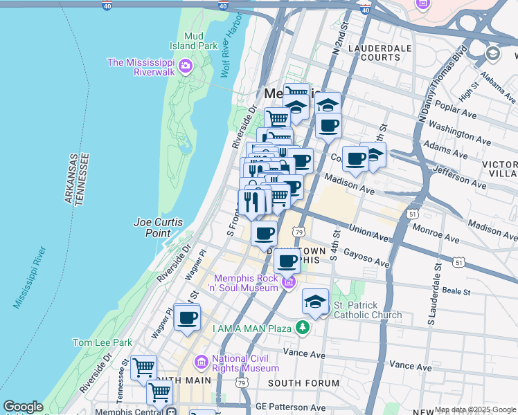map of restaurants, bars, coffee shops, grocery stores, and more near 88 Union Avenue in Memphis