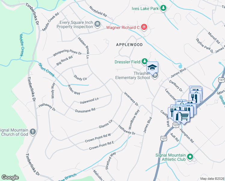 map of restaurants, bars, coffee shops, grocery stores, and more near 1119 Glamis Circle in Signal Mountain