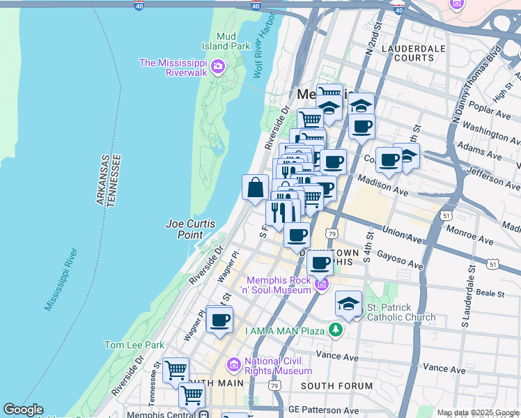 map of restaurants, bars, coffee shops, grocery stores, and more near 107 South Front Street in Memphis