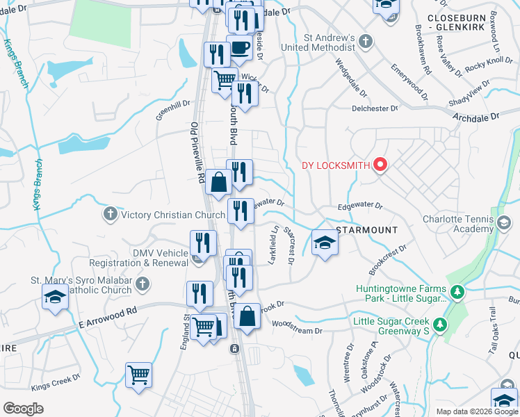 map of restaurants, bars, coffee shops, grocery stores, and more near 6623 South Boulevard in Charlotte