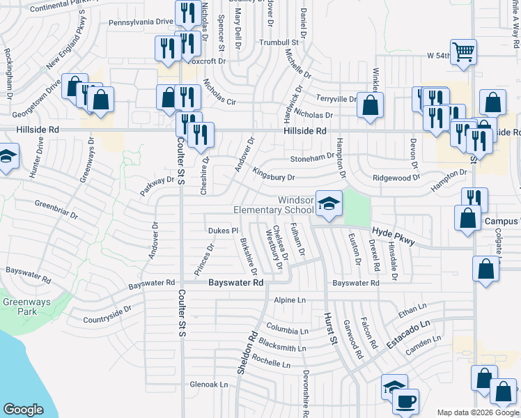 map of restaurants, bars, coffee shops, grocery stores, and more near 6702 Wentworth Drive in Amarillo