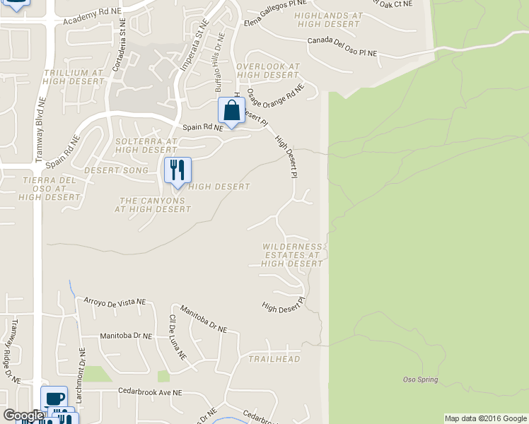 map of restaurants, bars, coffee shops, grocery stores, and more near 5405 High Desert Place in Albuquerque